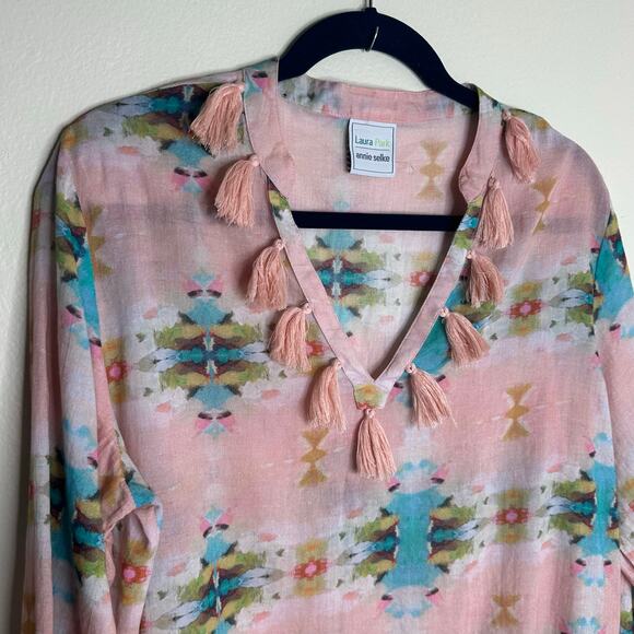Laura Park Annie Selkie Tunic Top Tassel Detail Pink Ikat Cotton size M/L - Picture 3 of 7